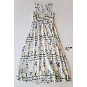 Jopna Smocked Bodice Sleeveless White Blue Floral Flowy Cottagecore Maxi Dress L